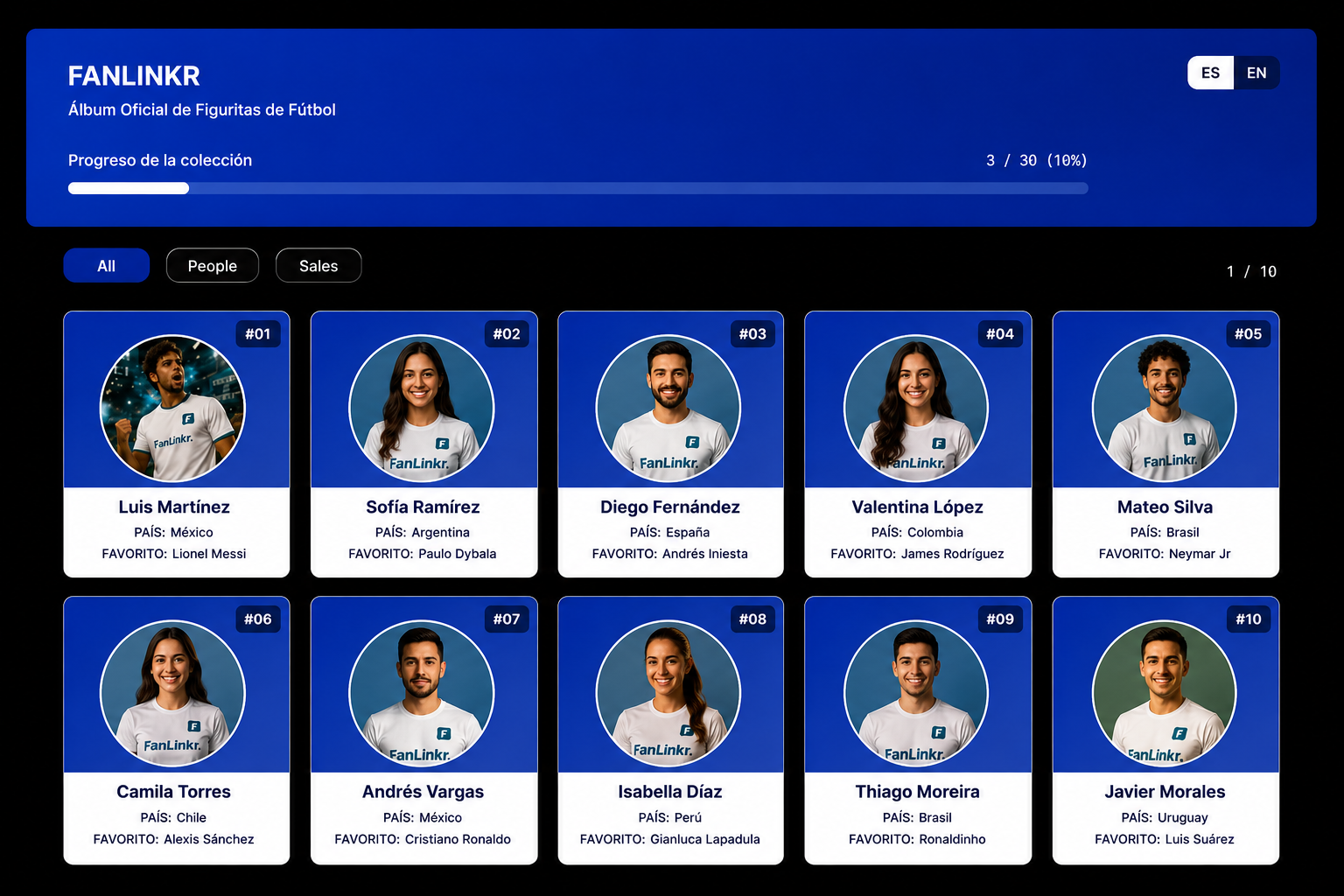 Snapshot de FanLinkr para futbolistas